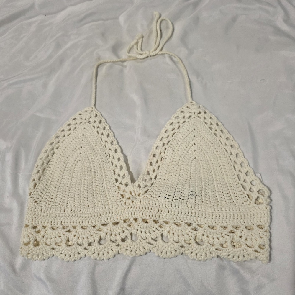 Womens Crochet Crop Top Size Small Ivory Sheer Coquette Fairy